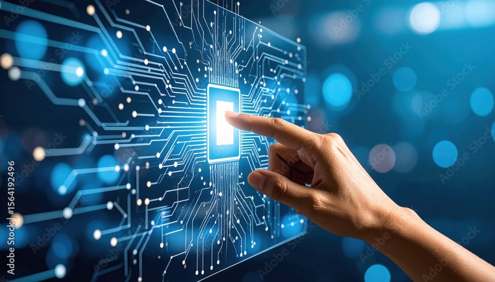 Poster hand pointing at digital circuit board technology interface