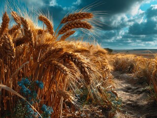 A field of golden wheat sways under a dramatic sky with dark clouds, evoking a sense of tranquility and natural beauty. The image captures the essence of rural landscapes and agriculture.