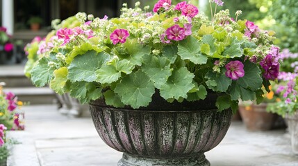 Stunning Pink Flowers in Ornate Stone Pot Garden Decor