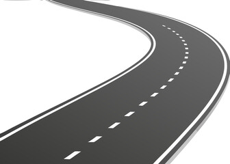 Winding Road Vector &ndash; Curved Asphalt Highway with White Lines on Transparent Background
