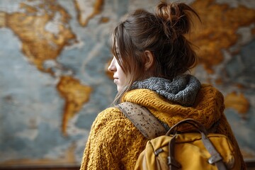 Woman Exploring World Map for Education and Work Abroad Adventures  
