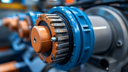 Obraz premium Industrial machinery with metal gear components in a factory, closeup heavy electric and mechanical equipment, industry theme.