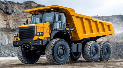 Obraz premium Yellow heavy-duty dump truck in industrial quarry with rocky background and dramatic sky