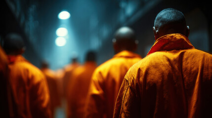 Fototapeta premium Inmates in orange uniforms walking in dark corridor with dim lighting in prison