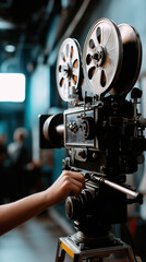 Naklejka premium Vintage film camera captures a moment in a bustling studio environment