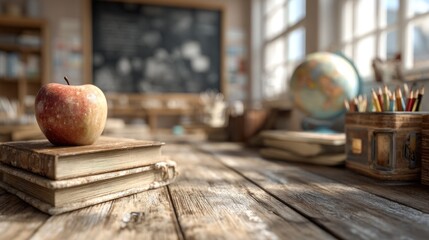 Vintage classroom setting with apple and books