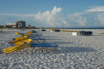 Beautiful Beachfront Scene Featuring Sun Loungers and Umbrellas With Stunning Blue Skies. St. Pete...