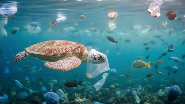 A sea turtle, hawksbill turtle dives among plastic waste, symbolic image for endangered species, marine animals pollution, pollution of the oceans
