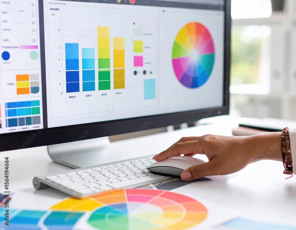 Fototapete graphic designer working on color palette and charts on computer display