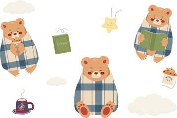 Cute teddy bear vector set. Cartoon bear toy characters design collection with blanket, book, cupcake in different poses. Set of cute autumn and winter illustration isolated on white background.