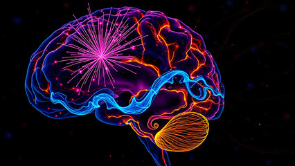 Multispectral microscope (16:9) of the limbic system in the human brain during love: dopamine (pink fireworks), oxytocin (blue waves), serotonin (golden swirls).