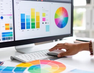 Graphic Designer Working On Color Palette And Charts On Computer Display