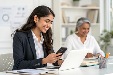 Fototapeta premium Young Indian businesswoman and mature Hispanic executive using smartphone and laptop in modern office