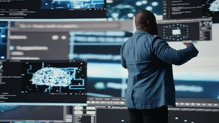 African American developer working in a cyber environment with AI programming language and data science. Technician symbolizes code development, automation for innovation. Tech world. Camera A. - Powered by Adobe