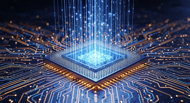 Digital microchip with glowing data streams in futuristic design  