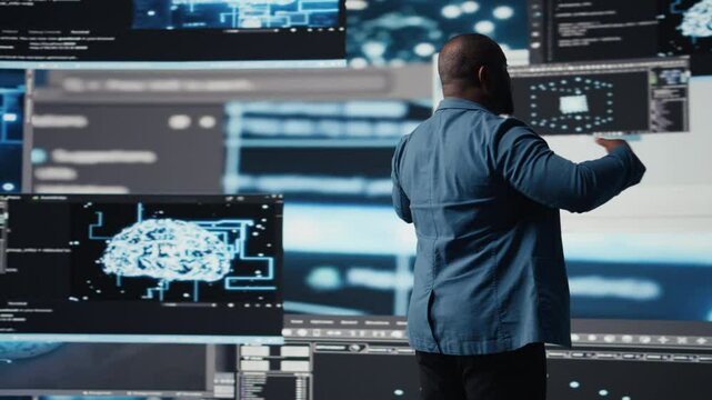 African American developer working in a cyber environment with AI programming language and data science. Technician symbolizes code development, automation for innovation. Tech world. Camera A.