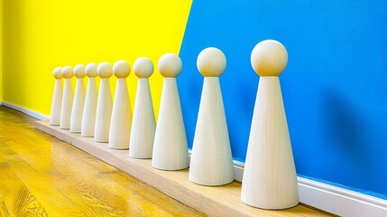 Abstract Wooden Cones Lineup Against Yellow and Blue Wall