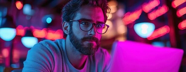 Man Working on Laptop in Neon-Lit City