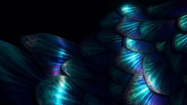  Glimmering Mermaid Scale: A single glowing mermaid scale shimmers underwater in dark void, catching light in fantastical elegance.