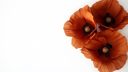 Three Burnt Orange Poppies on White Background Floral Image