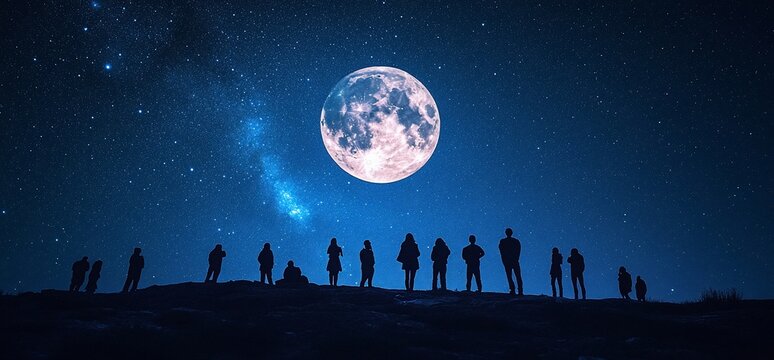 Silhouetted Figures Gazing at a Luminous Full Moon and Starry Night Sky