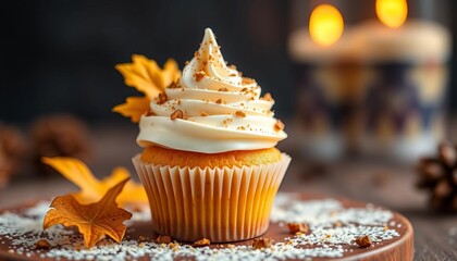 Miniature Thanksgiving cupcake with whipped cream and nutmeg, digital art, fall colors, cute