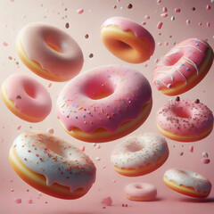 Pink donut splash on a beautiful light gradient background. sound and sweet background visuals.