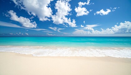 Obraz premium Beautiful sandy beach with white sand and rolling calm wave of turquoise ocean
