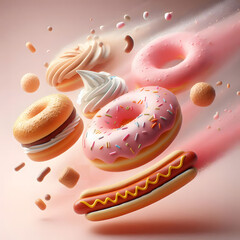 Pink donut splash on a beautiful light gradient background. sound and sweet background visuals.