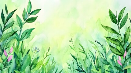 Vibrant Watercolor Green Leaves Botanical Background