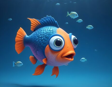 adorable cartoon style of a realistic fish with large eyes and an orange mouth swimming in a deep ocean with other fish
