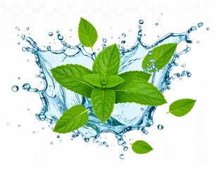 3d water splash with green tea or mint leaves isolated on transparent background 
