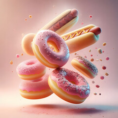 Pink donut splash on a beautiful light gradient background. sound and sweet background visuals.