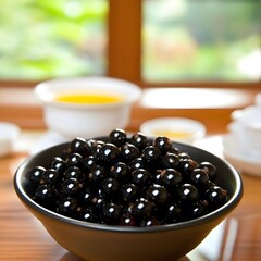 Fresh Blackcurrants in Black Bowl on Wooden Table
