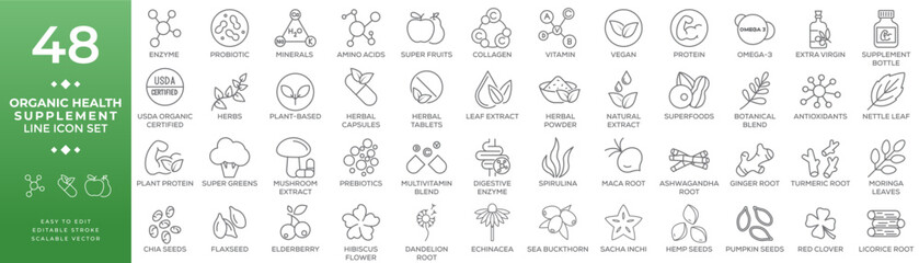 Organic health supplement line icon set featuring natural food, herbal extracts, superfoods, vitamins, and minerals for wellness and nutrition illustration collection