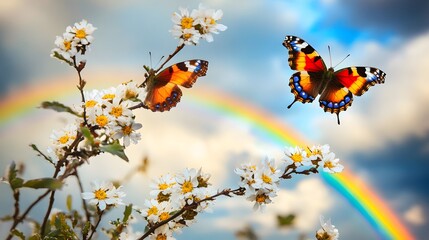 Rainbow, Butterflies, and White Flowers, Vibrant Spring Nature Scene