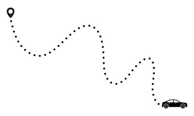Curved dotted pathway vector illustration featuring a car and origin location pin representing a direct journey GPS route navigation and point to point map planning