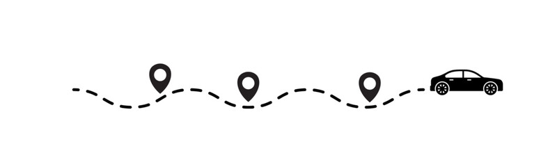 Wavy pathway illustration with car icon and multiple location pins, representing navigation, travel route, destination tracking, and journey planning concept