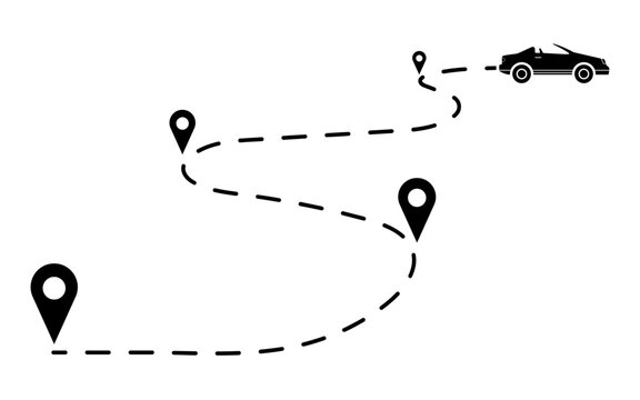 Winding dashed pathway illustration with a convertible car and multiple location pins, representing multi-stop travel, dynamic route tracking, and adventurous journey planning