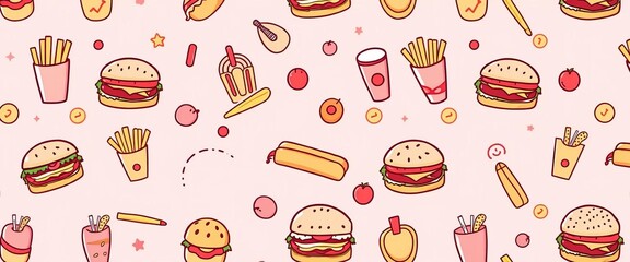 Pink blush seamless pattern featuring various fast food icons; ideal for cafe menu, wrapping paper, or textile design,  texture,   graphic