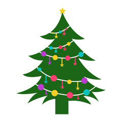Stylized Christmas tree illustration adorned with colorful ornaments and a star representing holiday celebrations festive decorations and seasonal cheer for winter events