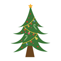 Decorated green Christmas tree vector illustration featuring a star topper, string lights, baubles, and candy canes, representing festive holiday cheer, winter celebrations, and seasonal elements