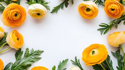 Orange and Cream Ranunculus Flower Frame White Background