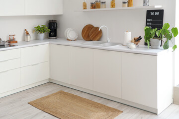 Interior of light kitchen with counters and wicker carpet