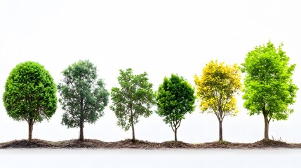 Five Colorful Trees Row Isolated White Background