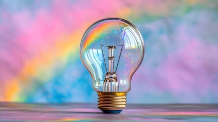 Rainbow Light Bulb on Pastel Background, Creative Idea Concept