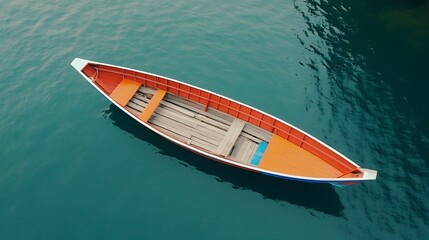 Vibrant Orange Rowboat on Calm Teal Water Aerial View