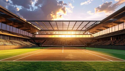 Fototapeta premium High detail image of a modern and luxurious tennis stadium with transparent roof and sculptural design elements, dramatic sky in the background