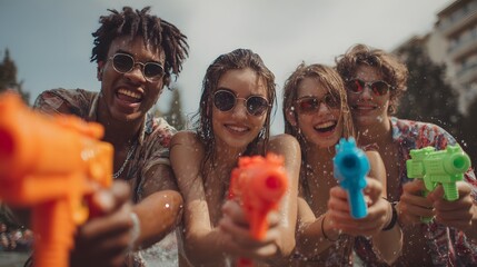 A joyful group of friends is engaged in a playful water gun fight. They're all smiles and excitement, cooling off in the summer heat