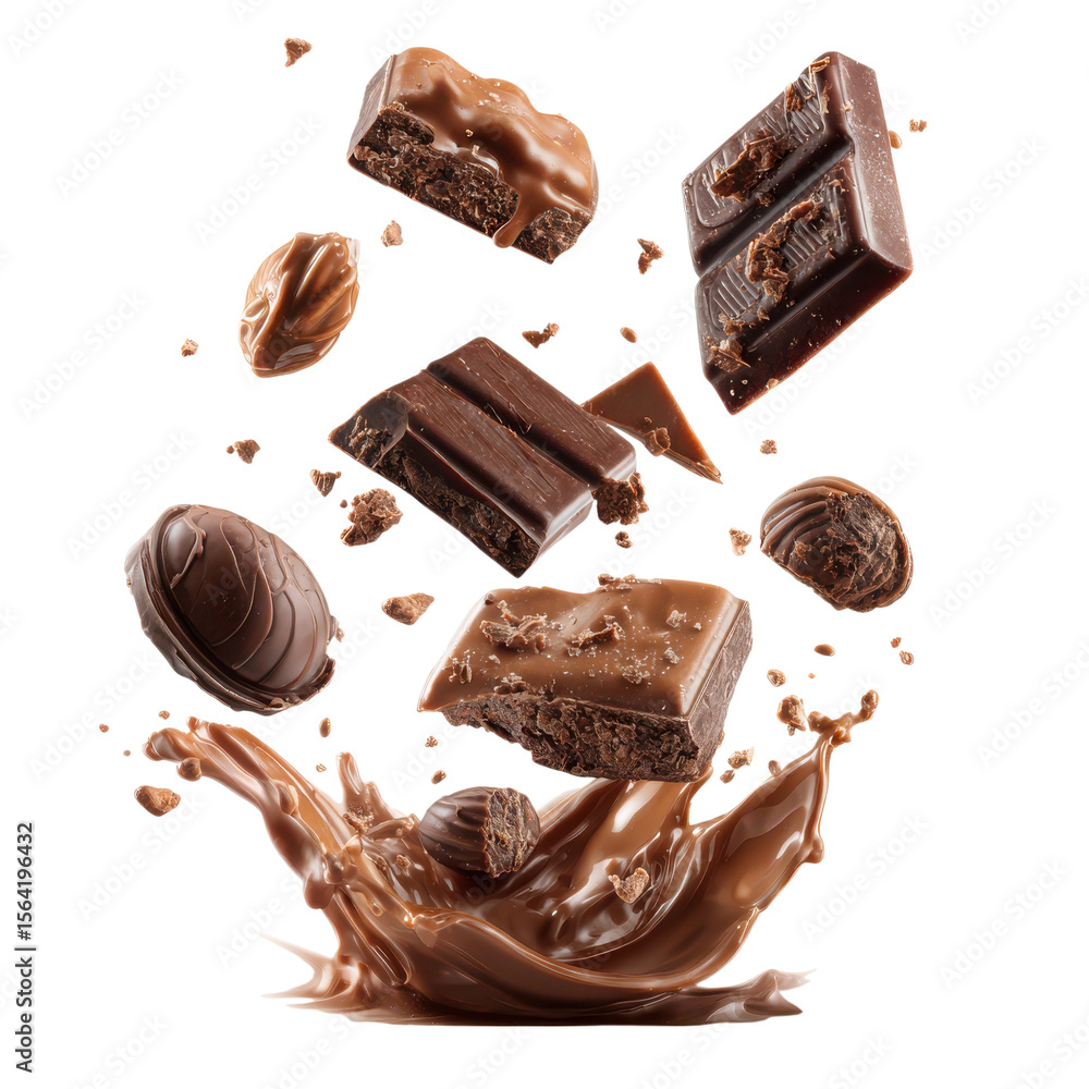 Poster various types of delicious chocolate falling with choc flake isolated on transparent or white backgr